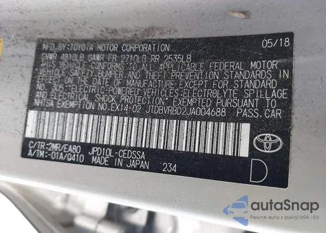 2018 Toyota Mirai из США, поврежденный, VIN JTDBVRBD2JA004688